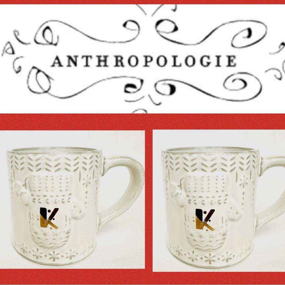 2 Holiday Mugs Anthropologie “K” Mitten Mug monogram